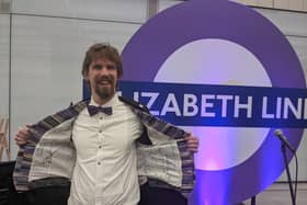 Freelance stage designer James “Chads” Chadwick handmaid his Crossrail waistcoat for the Elizabeth line opening