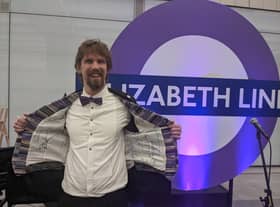 Freelance stage designer James “Chads” Chadwick handmaid his Crossrail waistcoat for the Elizabeth line opening