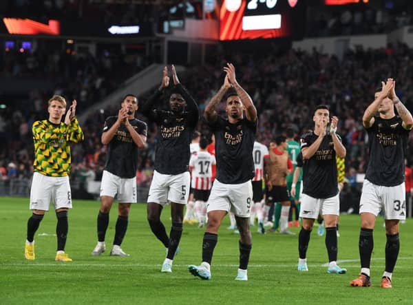 The Arsenal team applaud the fans after the UEFA Europa League group A match between PSV Eindhoven  (Photo by Stuart MacFarlane/Arsenal FC via Getty Images)