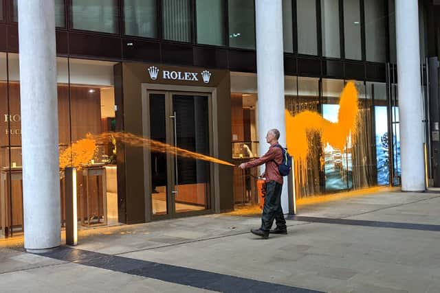 Just Stop Oil protestors have sprayed Rolex in Knightsbridge with orange paint. Photo: Just Stop Oil