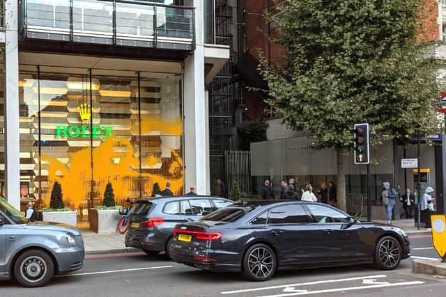 Just Stop Oil protestors have sprayed Rolex in Knightsbridge with orange paint. Photo: Just Stop Oil