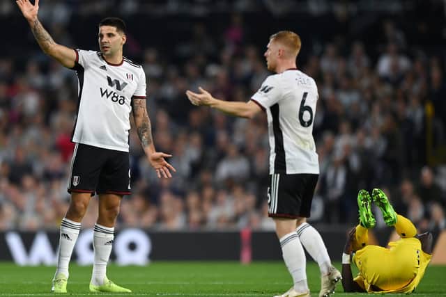 Aleksandar Mitrovic pleads his innocence after clashing with Idrissa Gueye. Photo: Justin Setterfield/Getty Images