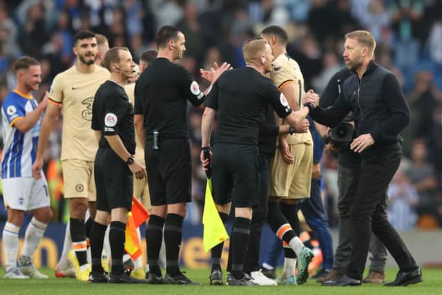  Chelsea Manager Graham Potter shakes hands with officials during the Premier League match  (Photo by Alex Pantling/Getty Images)