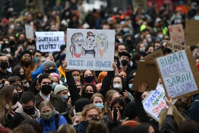 Protesters calling for greater public safety for women after the death of Sarah Everard. Photo: Getty