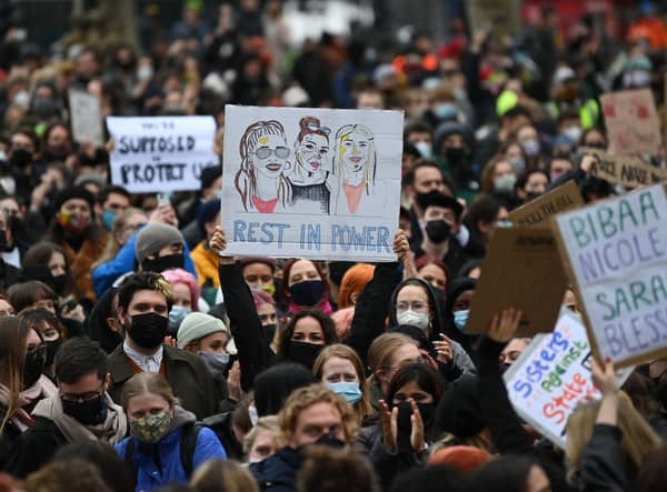 Protesters calling for greater public safety for women after the death of Sarah Everard. Photo: Getty