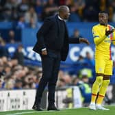  Patrick Vieira, Manager of Crystal Palace interacts with Wilfried Zaha of Crystal Palace during the Premier League match Photo by Gareth Copley/Getty Images)