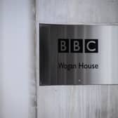The BBC logo is seen at BBC Wogan House on January 17, 2022 in London, England