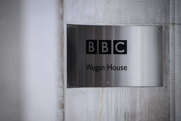 The BBC logo is seen at BBC Wogan House on January 17, 2022 in London, England