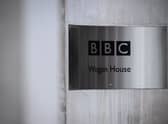 The BBC logo is seen at BBC Wogan House on January 17, 2022 in London, England