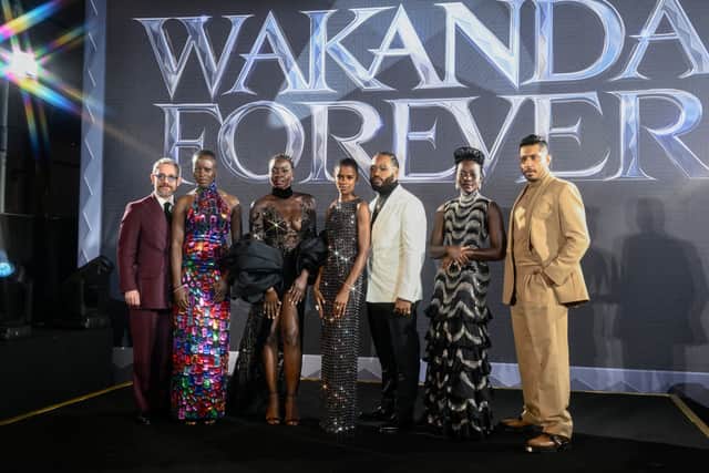 Martin Freeman, Florence Kasumba, Danai Gurira, Letitia Wright, Ryan Coogler, Lupita Nyong'o and Tenoch Huerta attend the European Premiere of Marvel Studios' "Black Panther: Wakanda Forever" in Leicester Square on at Cineworld Leicester Square on November 03, 2022 in London, England. (Photo by Gareth Cattermole/Getty Images for Disney)