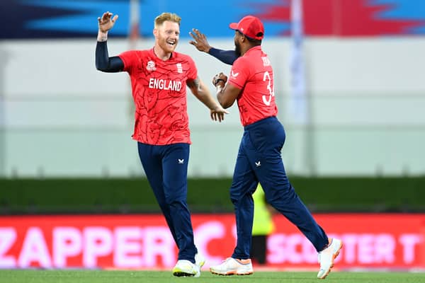 Chris Jordan is congratulated by Ben Stokes 