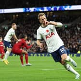 Harry Kane of Tottenham Hotspur celebrates after scoring their team’s first goal during the Premier League match between Tottenham (Photo by Catherine Ivill/Getty Images)