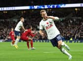 Harry Kane of Tottenham Hotspur celebrates after scoring their team’s first goal during the Premier League match between Tottenham (Photo by Catherine Ivill/Getty Images)