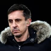 Gary Neville , Ex footballer and sky sports pundit and presenter looks on during the Premier League match between Wolverhampton Wanderers and Leeds United at Molineux on March 18, 2022 in Wolverhampton, England. (Photo by Naomi Baker/Getty Images)
