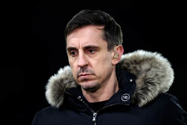 Gary Neville , Ex footballer and sky sports pundit and presenter looks on during the Premier League match between Wolverhampton Wanderers and Leeds United at Molineux on March 18, 2022 in Wolverhampton, England. (Photo by Naomi Baker/Getty Images)