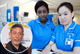 Author Michael Rosen (inset) has said he is 100% supporting the nurses strike. Photo: RCN/Getty