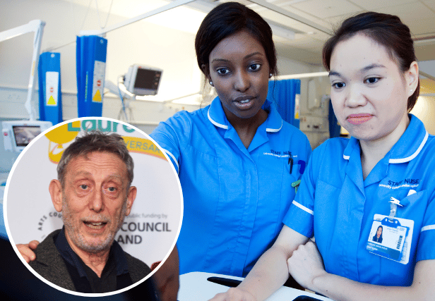 Author Michael Rosen (inset) has said he is 100% supporting the nurses strike. Photo: RCN/Getty