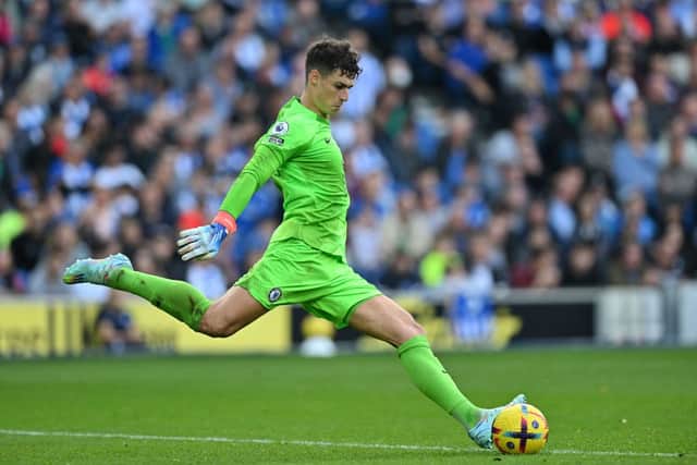 Kepa Arrizabalaga in action during the English Premier League football match between Brighton and Hove Albion and Chelsea  (Photo by GLYN KIRK/AFP via Getty Images)