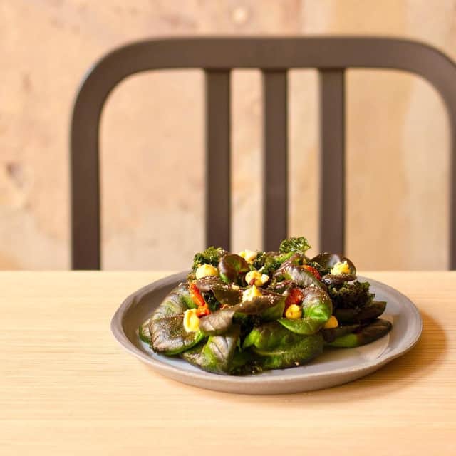 Red butterhead lettuce salad from with miso aioli, cashews and crispy kale at Apricity. Credit: Instagram