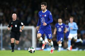Christian Pulisic of Chelsea runs with the ball during the Carabao Cup Third Round match (Photo by Jan Kruger/Getty Images)
