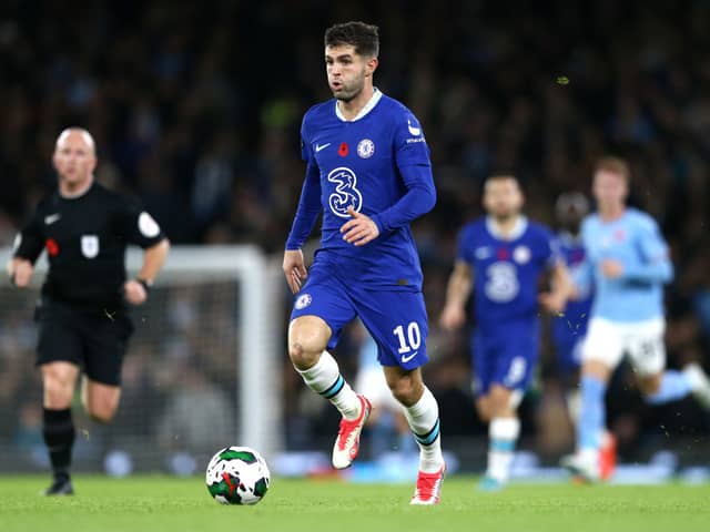 Christian Pulisic of Chelsea runs with the ball during the Carabao Cup Third Round match (Photo by Jan Kruger/Getty Images)