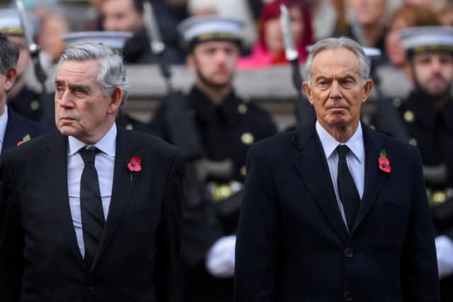Former Labour prime ministers Gordon Brown and Tony Blair attend the Remembrance Sunday ceremony. Photo: Getty