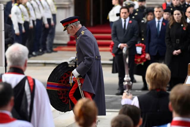 King Charles III lays a wreath at The Cenotaph during the Remembrance Sunday ceremony. Photo: Getty