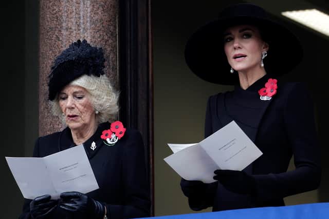 Camilla, Queen Consort, and Catherine, Princess of Wales, attend the Remembrance Sunday ceremony. Photo: Getty