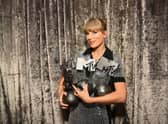 Taylor Swift is seen backstage with the Best Artist, Best Video, Best Pop and Best Longform Video Awards during the Best MTV Europe Music Awards 2022