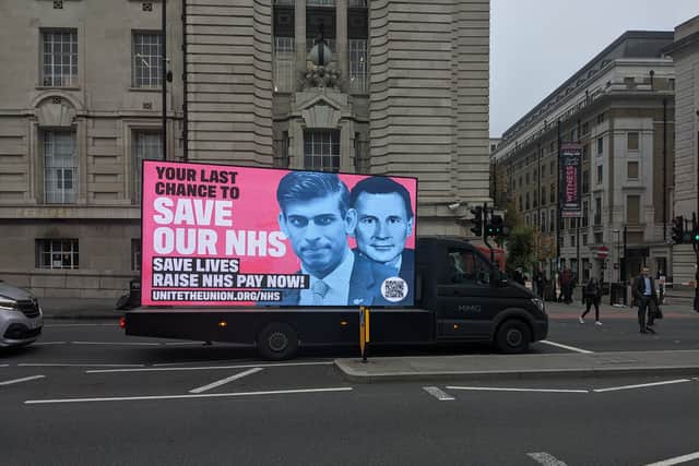 Ad van with a message to the prime minister Rishi Sunak and chancellor Jeremy Hunt