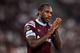 Michail Antonio of West Ham United applauds the fans applauds the fans they are substituted during the UEFA Europa Conference League . (Photo by Alex Pantling/Getty Images)