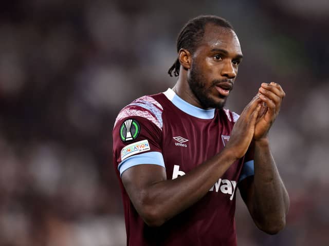 Michail Antonio of West Ham United applauds the fans applauds the fans they are substituted during the UEFA Europa Conference League . (Photo by Alex Pantling/Getty Images)