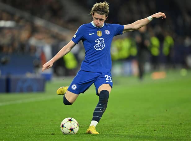 <p> Conor Gallagher of Chelsea FC kicks the ball during the UEFA Champions League group E match between FC Salzburg (Photo by Sebastian Widmann/Getty Images)</p>