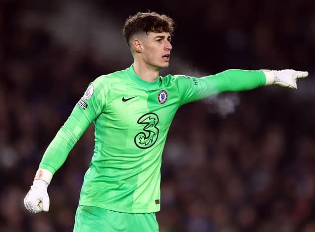 Chelsea goalkeeper Kepa Arrizabalaga instructs his team during the Premier League match between Brighton & Hove Albion (Photo by Bryn Lennon/Getty Images)
