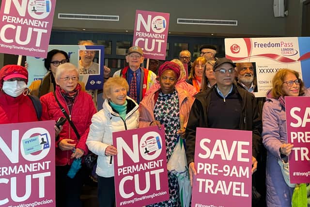 A group of older Londoners handed in a petition to City Hall to reinstate free early morning travel for over 60s. Credit: Age UK London