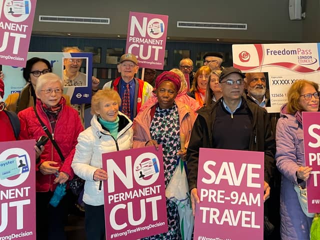 A group of older Londoners handed in a petition to City Hall to reinstate free early morning travel for over 60s. Credit: Age UK London