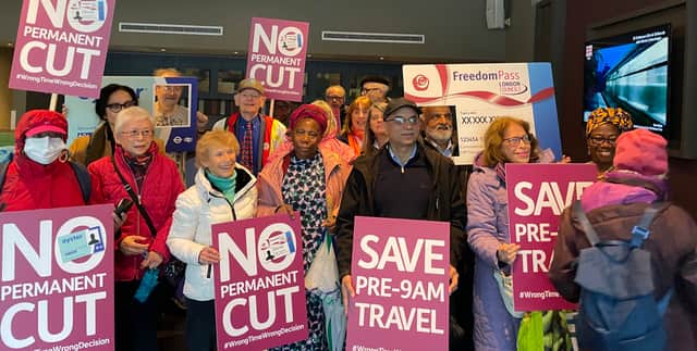 A group of older Londoners handed in a petition to City Hall to reinstate free early morning travel for over 60s. Credit: Age UK London