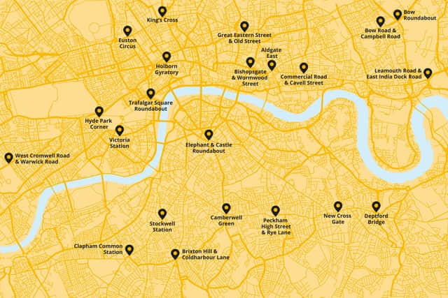 The 22 junctions highlighted by the London Cycling Campaign as the most dangerous in London. Credit: London Cycling Campaign