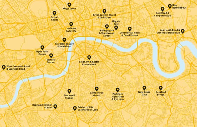 The 22 junctions highlighted by the London Cycling Campaign as the most dangerous in London. Credit: London Cycling Campaign