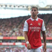 Emile Smith Rowe of Arsenal during the Premier League match between Arsenal FC and Leicester City at Emirates Stadium  (Photo by Stuart MacFarlane/Arsenal FC via Getty Images)