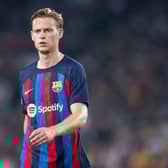 Frenkie De Jong of FC Barcelona looks on during the UEFA Champions League group C match (Photo by Aitor Alcalde/Getty Images)