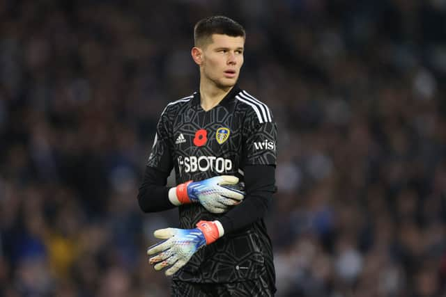 Illan Meslier of Leeds United during the Premier League match between Leeds United and AFC Bournemouth at Elland Road  (Photo by Marc Atkins/Getty Images)