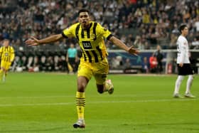Jude Bellingham of Dortmund celebrates after scoring his teams second goal during the Bundesliga match between Eintracht Frankfurt (Photo by Lars Baron/Getty Images)
