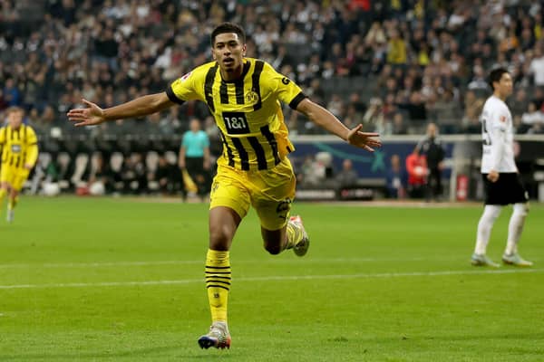 Jude Bellingham of Dortmund celebrates after scoring his teams second goal during the Bundesliga match between Eintracht Frankfurt (Photo by Lars Baron/Getty Images)