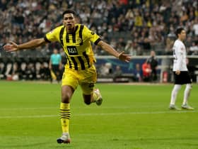 Jude Bellingham of Dortmund celebrates after scoring his teams second goal during the Bundesliga match between Eintracht Frankfurt (Photo by Lars Baron/Getty Images)