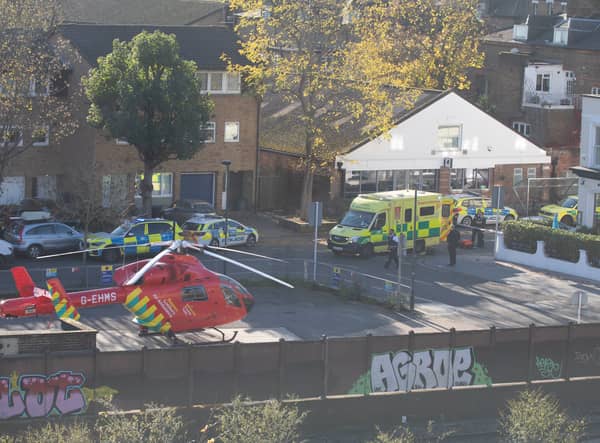 The air ambulance rushes the victim to hospital after the stabbing in Twickenham. Credit: SamoAK47