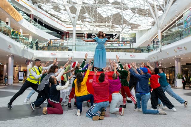 Hundreds of Christmas shoppers watched a flash mob of 30 dancers and singers, led by Strictly Come Dancing star Oti Mabuse. Photo: SWNS