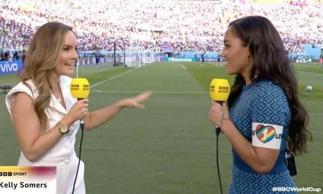 Alex Scott wearing the One Love armband in Qatar.