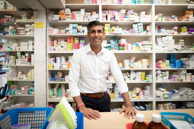 Rishi Sunak during a visit to the pharmacy his mother used to own in Southampton. Photo: Getty