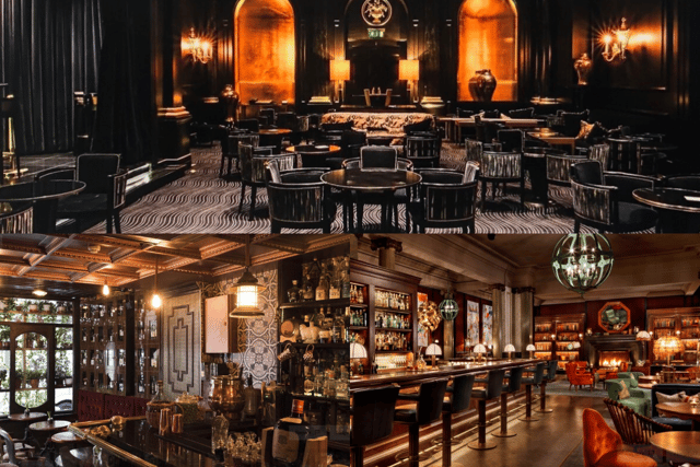 Clockwise from the left: the interior of MAP Maison, the stunning Gatsby like feel of The Bloomsbury Club Bar and the fireside ambiance of Scarfes Bar